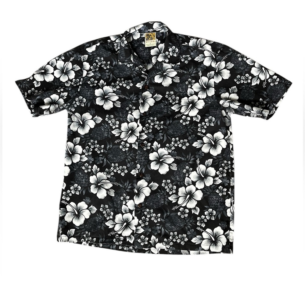 Winnie Fashion Men's Large Navy Blue & White Floral Hawaiian Shirt Quality
